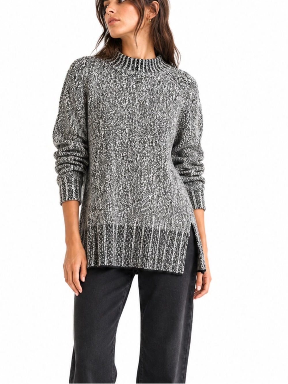 Rag & Bone Black & Ivory Marled Wool Blend Mock Neck Sweater Size Large